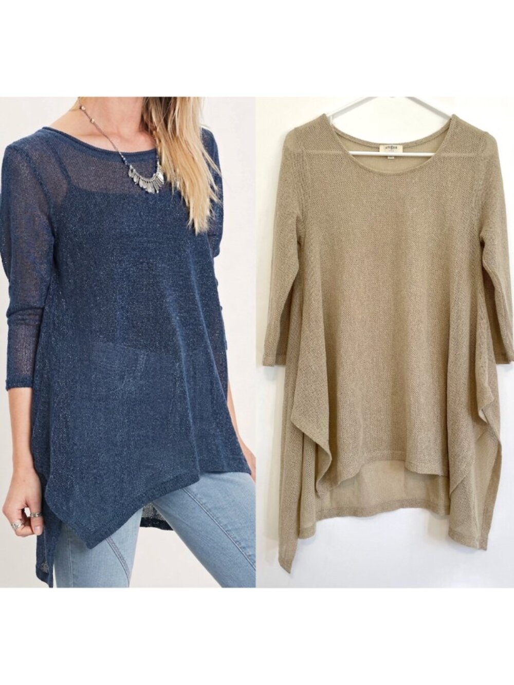 UMGEE Gold / Tan Open Weave Knit Asymmetrical Sharkbite Hem 3/4 Sleeve Tunic Top